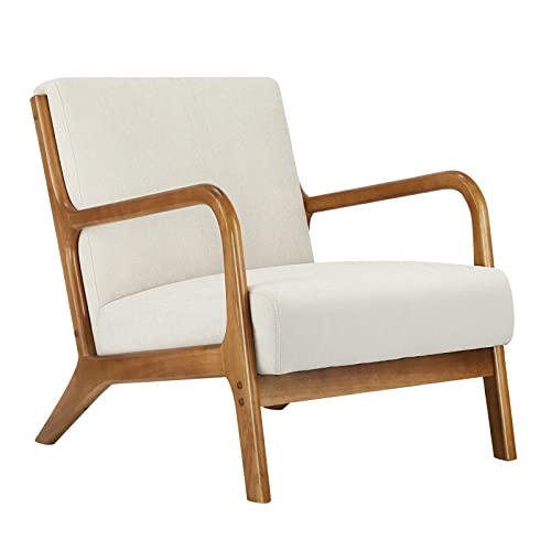 OIKITURE Modern Accent Chair - Linen Fabric Wooden Armrest High Bac...