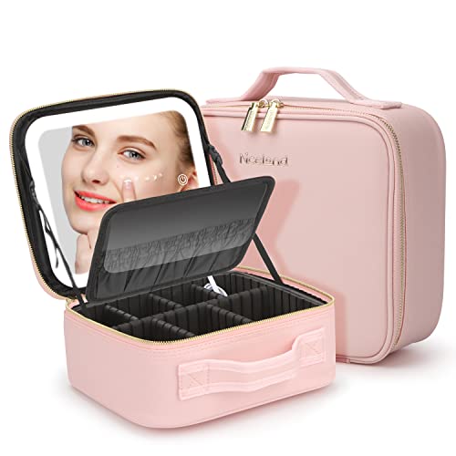 Travel Makeup Organizer with LED Lighted Mirror Makeup Train Case 3...