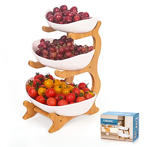 3-Tier Ceramics Fruit Bowl with Bamboo Wood Stand for Kitchen Count...