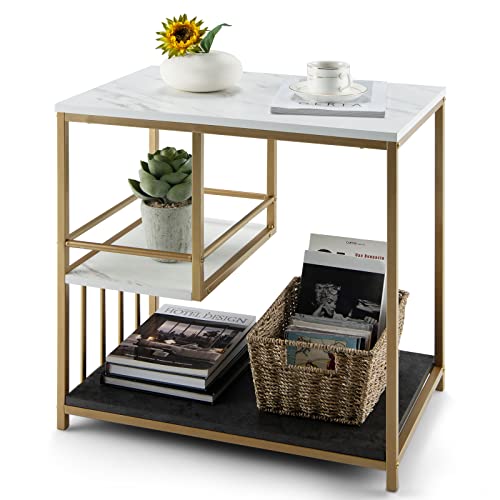Giantex White Marble Side Table, 3-Tier End Table w Golden Polished...