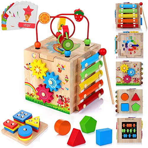 HELLOWOOD Wooden Kids Baby Activity Cube, 8-in-1 Toys Gift Set for ...