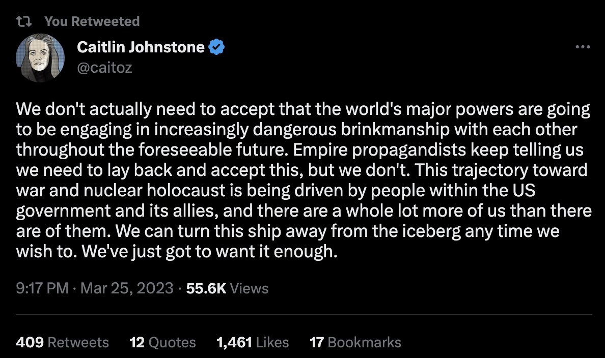 Tweet by Caitlin Johnstone March 25 2023 